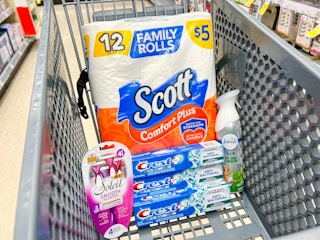 walgreens shopping cart with crest toothpaste, scott toilet paper, febreze, and bic razors