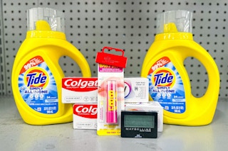 tide, colgate, and maybelline products on a shelf