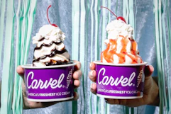 Two people holding a Carvel sundae in one hand.