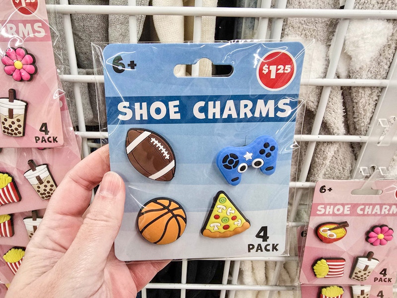 4-pack of shoe charms including football, basketball, pizza and a controller