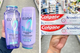 collage with L'oreal elvive hair care and colgate toothpaste
