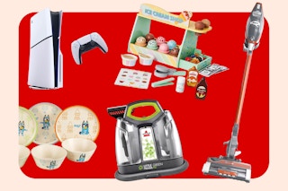 collage image of a playstation 5, bluey dinnerware, ice cream shop toy, shark stick vacuum, and bissell little green cleaner