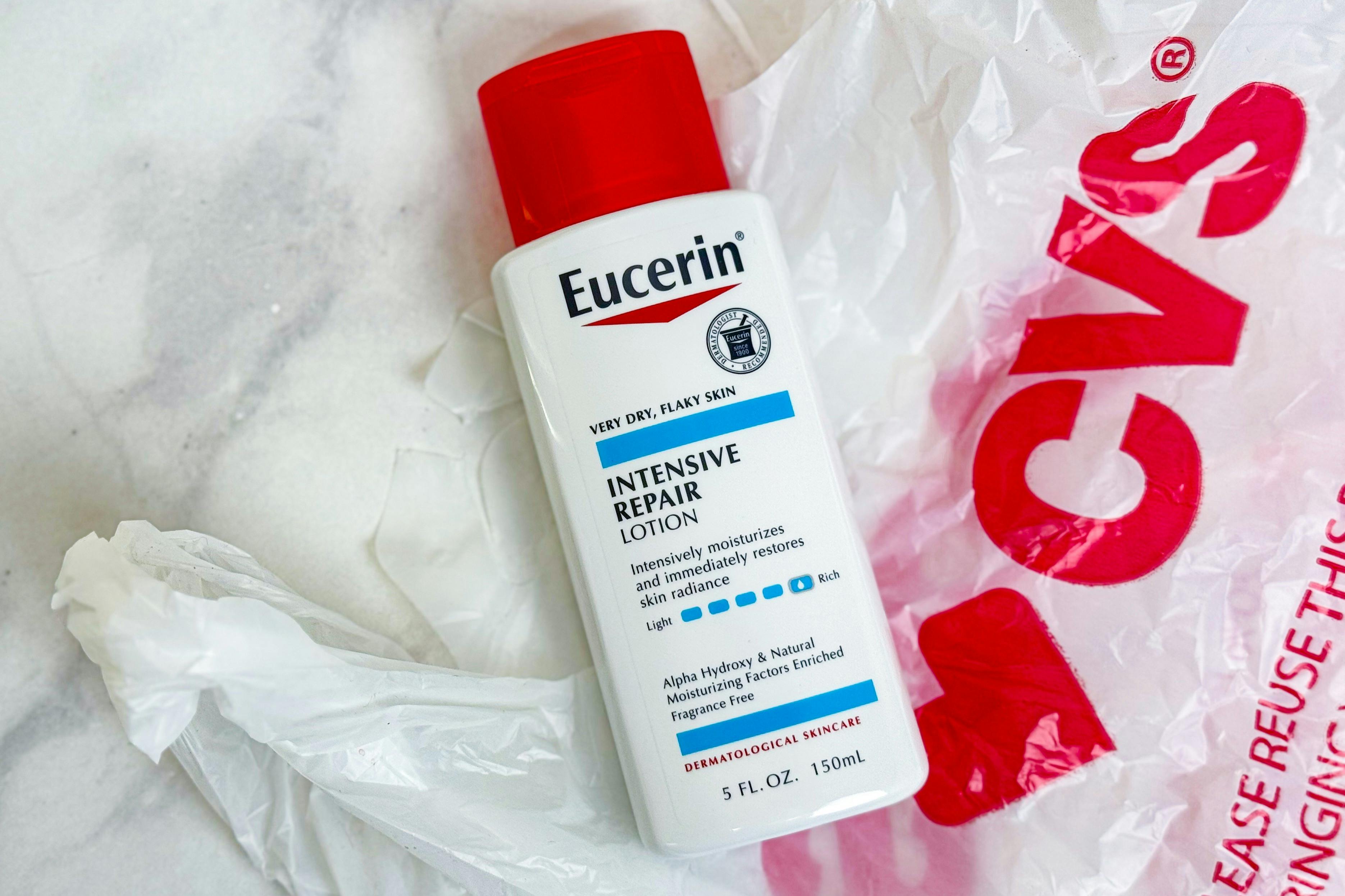 eucerin lotion on a cvs shopping bag
