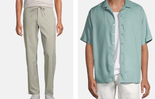 a collage showing clearance pants and clearance button down shirts