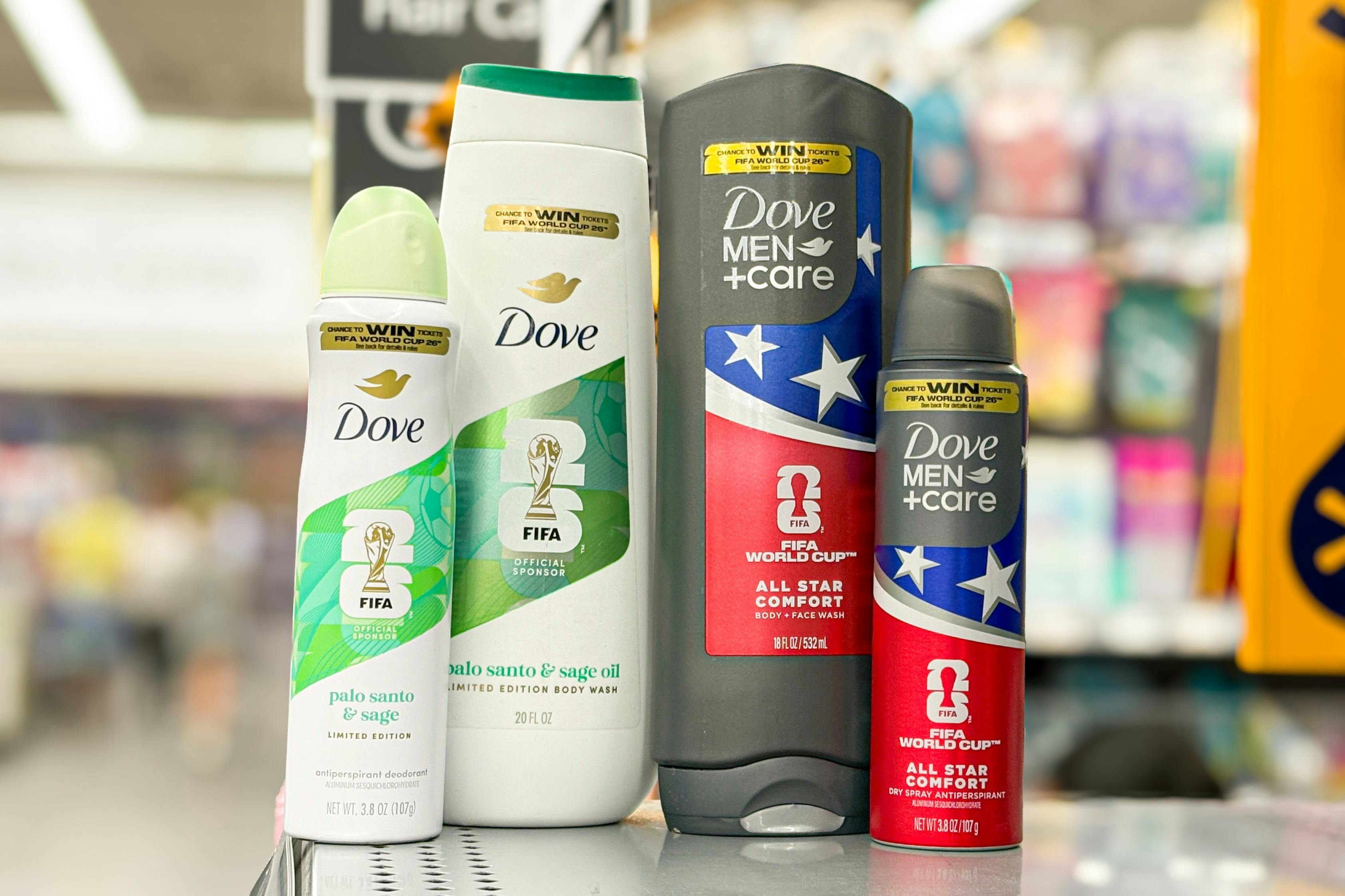 dove body washes and deodorant on a store shelf