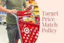 someone looking at their phone pushing a target cart, with the words Target Price Match Policy