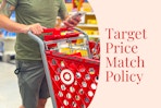 someone looking at their phone pushing a target cart, with the words Target Price Match Policy
