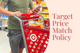 someone looking at their phone pushing a target cart, with the words Target Price Match Policy