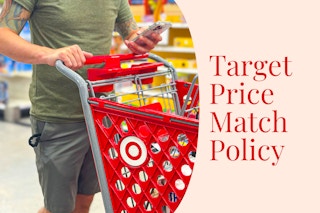 someone looking at their phone pushing a target cart, with the words Target Price Match Policy