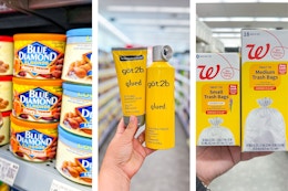 collage image of blue diamond almonds, got2b hair stylers, and walgreens trash bags