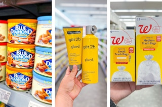 collage image of blue diamond almonds, got2b hair stylers, and walgreens trash bags