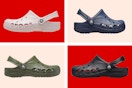 beige, blue, green, and black adult crocs