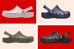 beige, blue, green, and black adult crocs