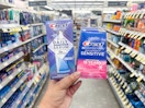 hand holding crest whitening serum and whitestrips in walgreens
