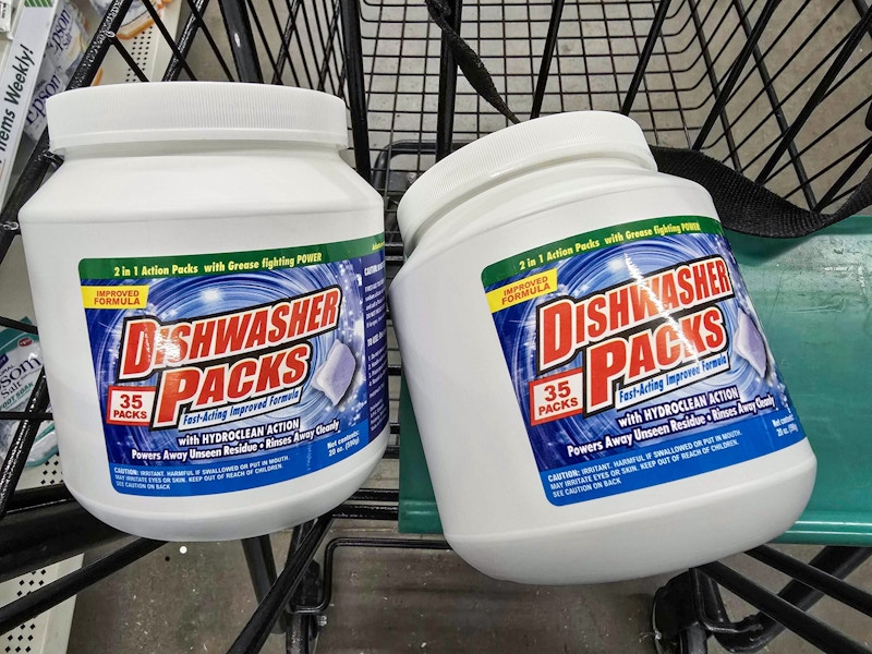 2 containers of dishwasher pods in a cart