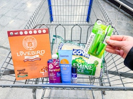 Food, beauty items and a Cerebelly Pouch in Walmart shopping cart