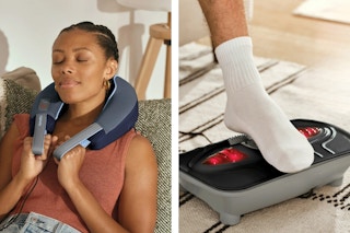 woman using the neck massager and a person putting their foot on the foot massager