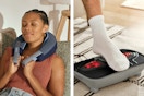 woman using the neck massager and a person putting their foot on the foot massager