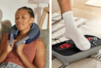 woman using the neck massager and a person putting their foot on the foot massager
