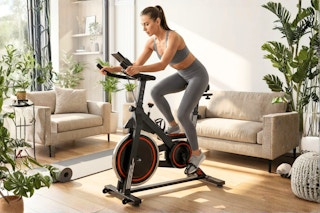 Lifestyle image of Naipo Exercise Bike being used indoors by a large window