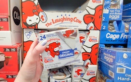 hand holding a pack of laughing cow cheese