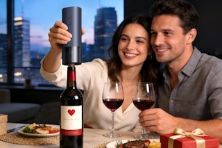 couple using wine opener at table