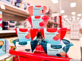 tupperware bowls sitting on top of a target cart