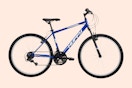 blue huffy mountain bike on a peach background