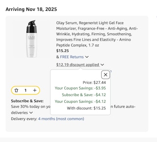 Olay Regenerist Serum Moisturizer Amazon receipt