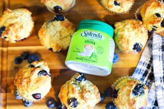 splenda stevia bottle surrounded by homemade blueberry muffins 