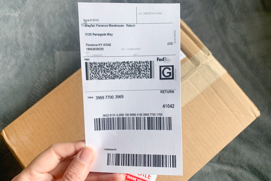 A printed Wayfair return label
