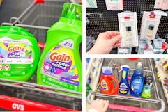 collage image of gain detergent, sally hansen hard as nails, and tide, dawn, and downy household items