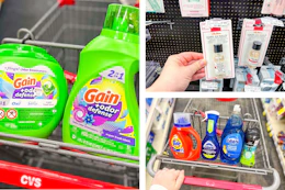 collage image of gain detergent, sally hansen hard as nails, and tide, dawn, and downy household items