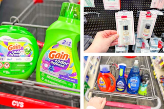 collage image of gain detergent, sally hansen hard as nails, and tide, dawn, and downy household items