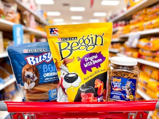 Beggin' Strips, Party Mix, Busy Bones on a Target cart