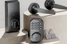 a keyless entry door lock set on a display