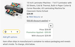 laminator machine Amazon receipt