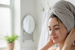 a woman wearing a hair towel