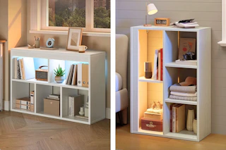 2 lifestyle images of the Pinmoco 5-cube organizer in 2 different positions (horizontal and vertical)  