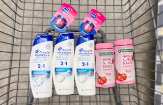 a walgreens cart with head & shoulders, nature's bounty hair skin and nail, vaseline lip therapy