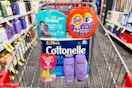pampers wipes, tide pods, cottonelle toilet paper, venus razors, and loreal elvive shampoo in a cart
