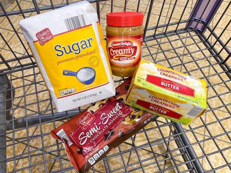 Some Aldi store brand baking supplies in an Aldi shopping cart.