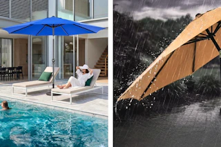 2 lifestyle images of a Gianna 9-foot patio umbrella (2 colors)