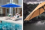 2 lifestyle images of a Gianna 9-foot patio umbrella (2 colors)