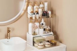 4-Tier 2-Drawer Bathroom Organizer Counter Organization, Multi-Purpose Makeup Skincare Organizers with Compartment, Easy to Install