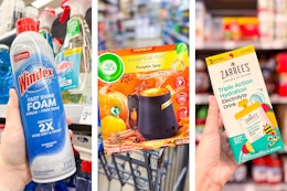 Hand holding a bottle of windex spray, air wick mist in cart and hand holding zarbees