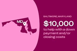 Graphic showing Baltimore, Maryland, which offers $10,000 to help with a down payment.