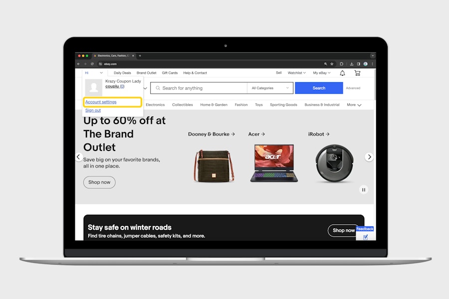 an ebay page with the account settings button highlighted