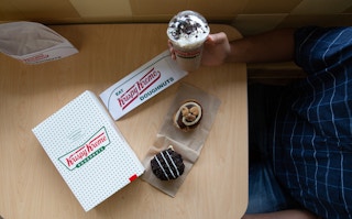Two newly release cookie themed donuts and a oreo mocha latter from Krispy Kreme