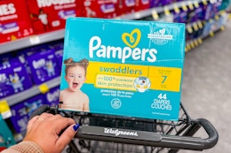person pushing a cart with a box of pampers diapers in it
